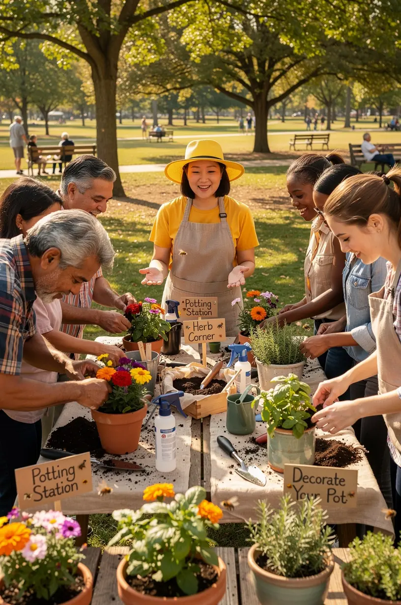 Gardening club members exchanging plants in a workshop.
