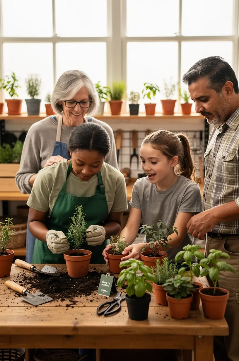 Welcoming gardening club environment with workshops and plant exchanges.